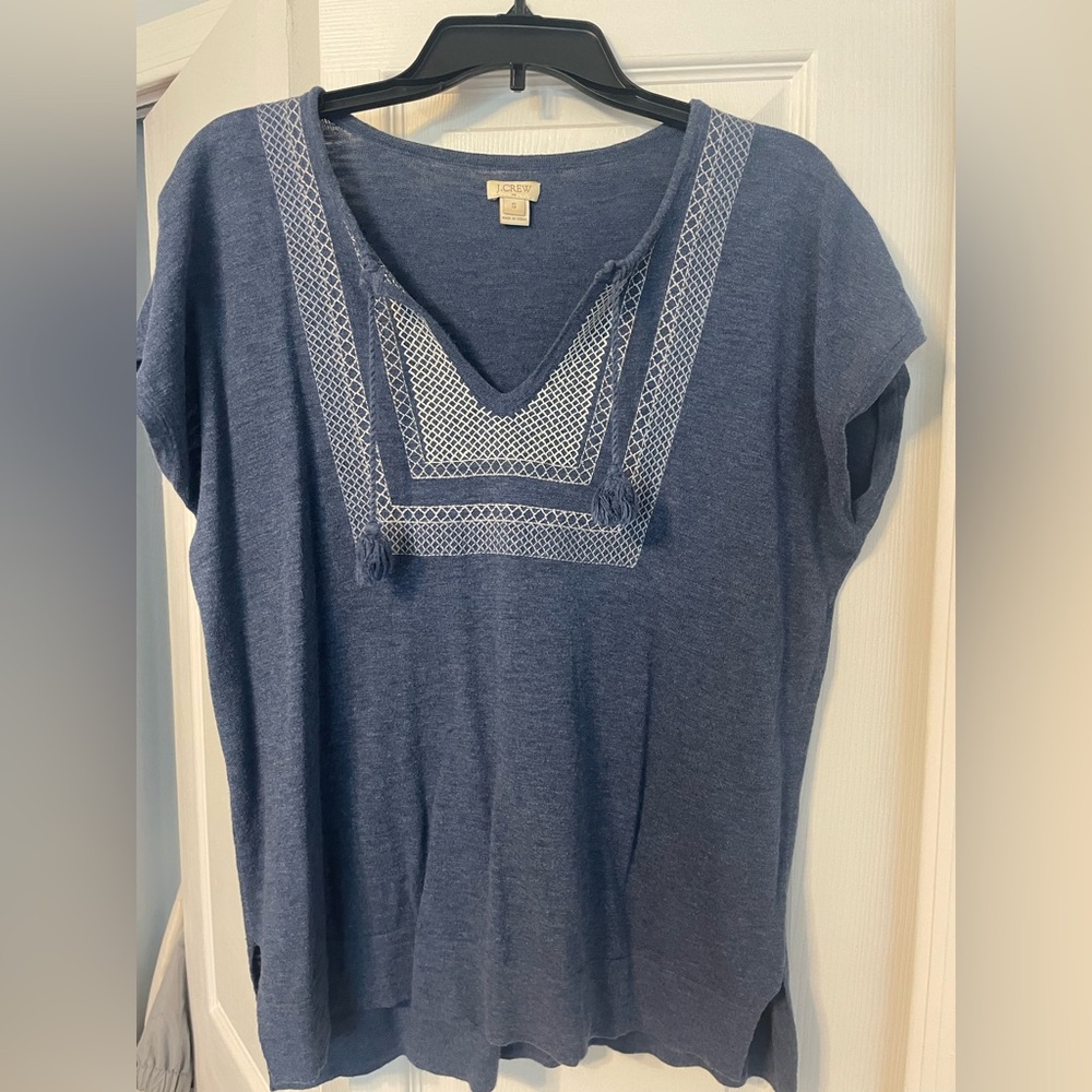 J. Crew Blue Sweater Short Sleeve Top with White Embroidery
